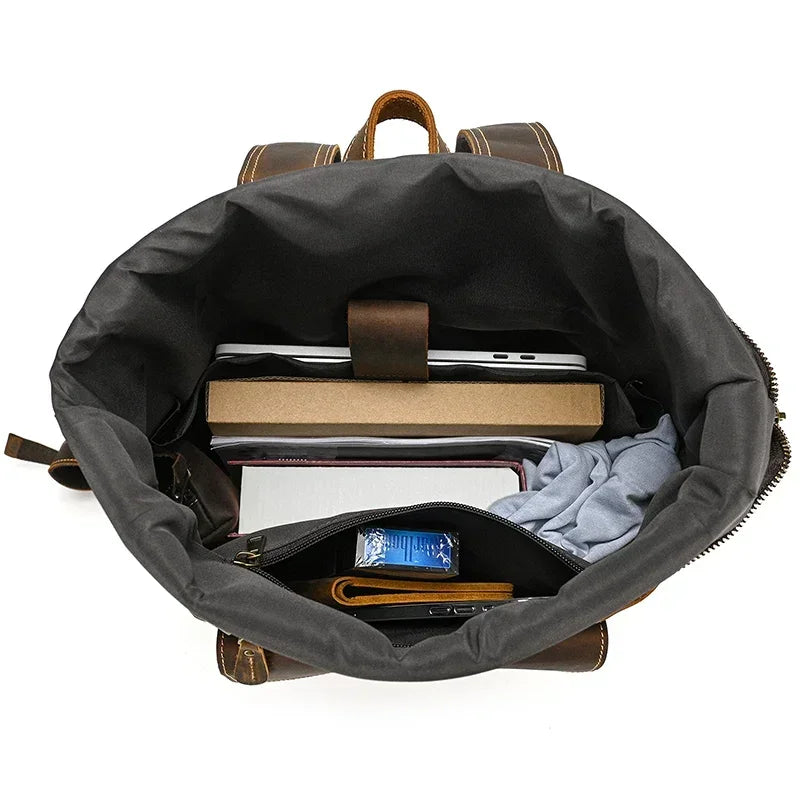 Men’s Brown Leather Backpack – Roll Top Flap Work Pack