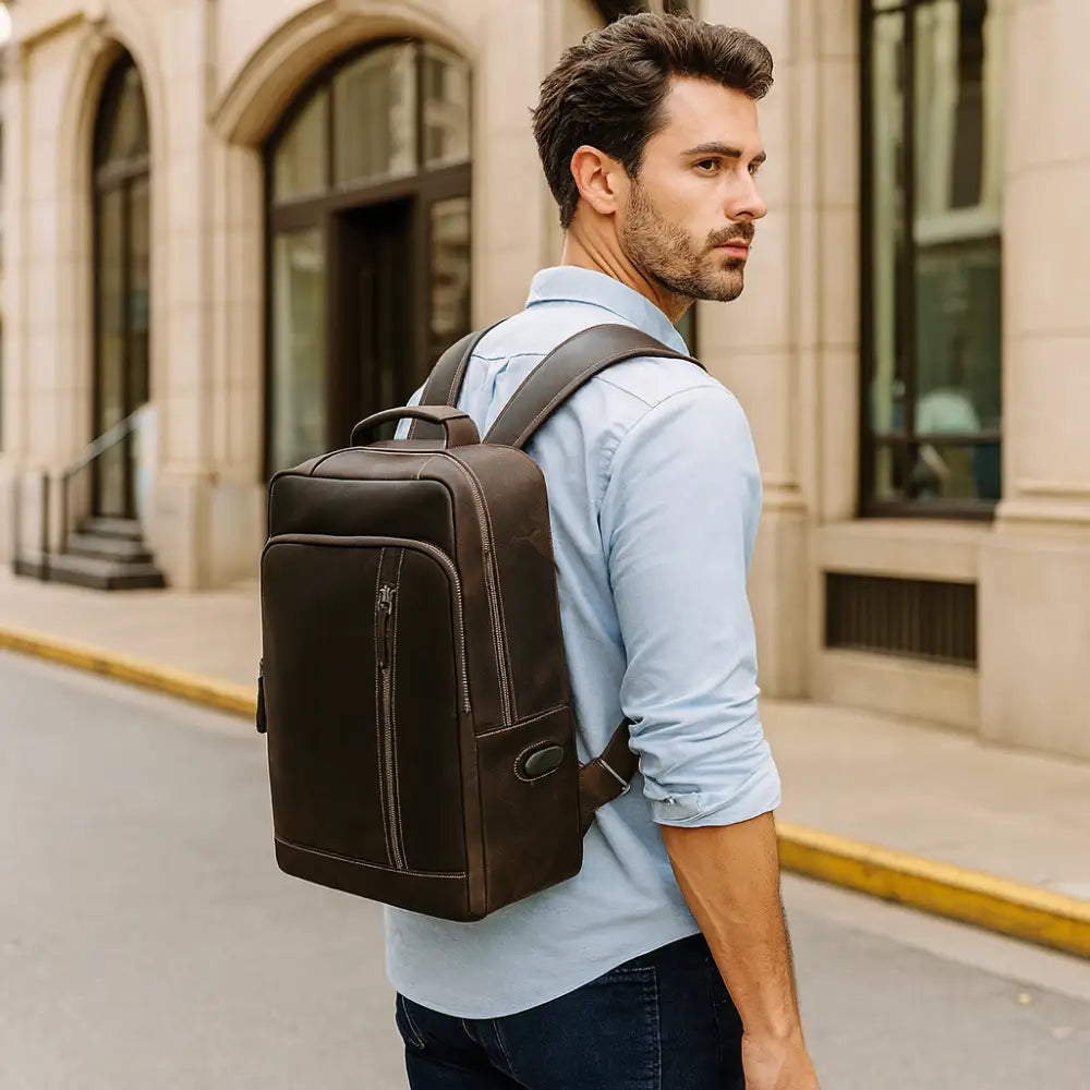 Men’s Brown Leather Backpack – Slim Backpack with Luggage Sleeve