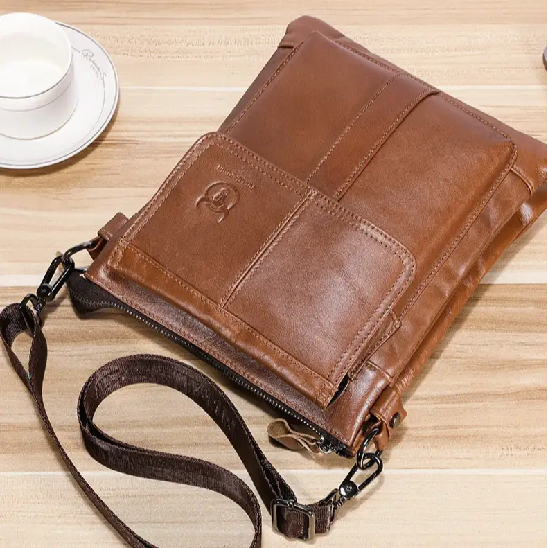 Men’s Brown Leather Crossbody Bag – Multi-Compartment Shoulder Bag