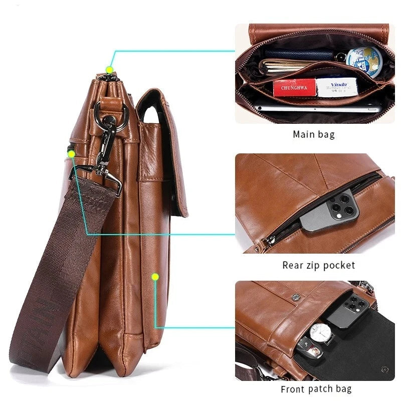 Men’s Brown Leather Crossbody Bag – Multi-Compartment Shoulder Bag