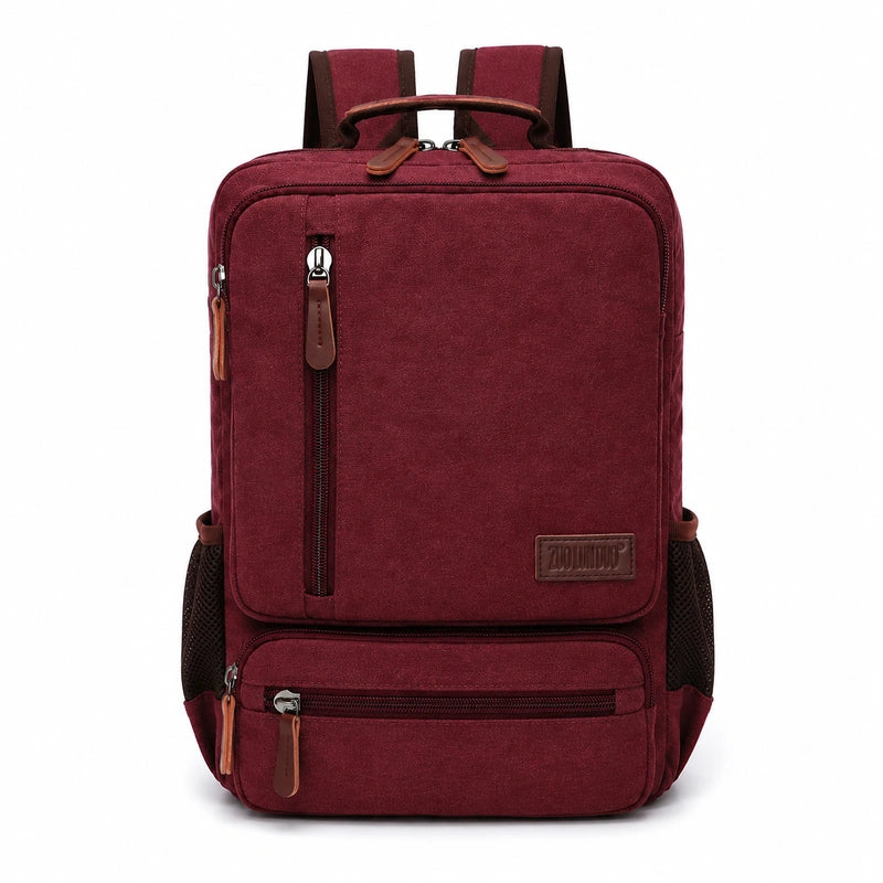 Men’s Canvas Backpack - Front Organizer Pocket Rucksack - Red