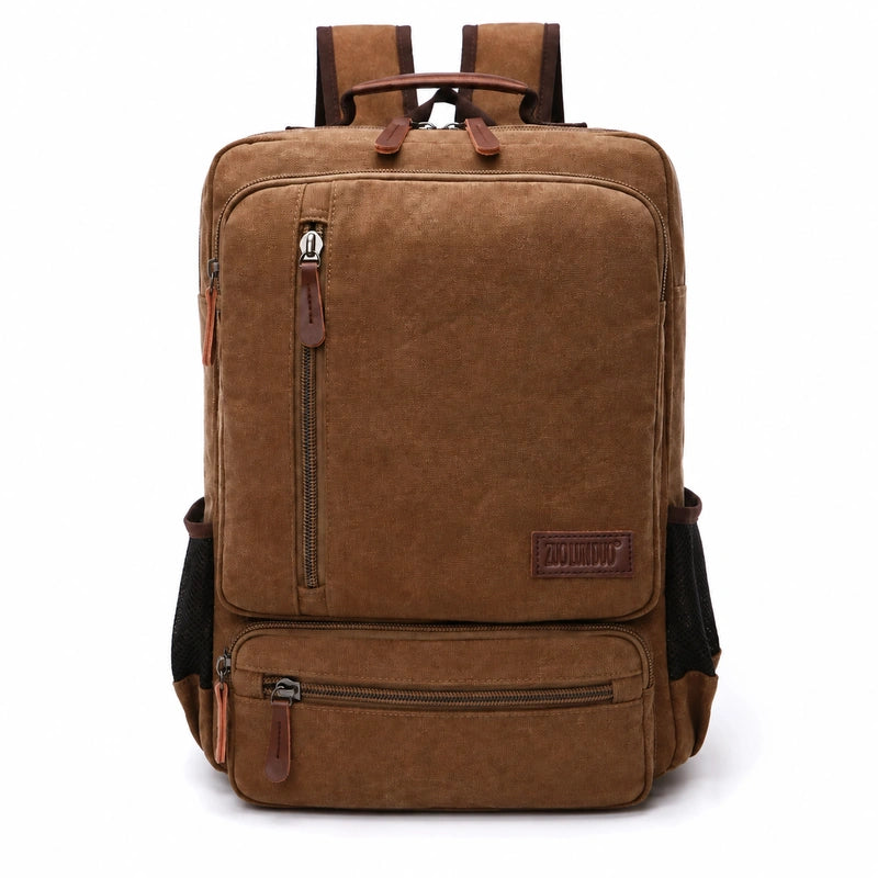 Men’s Canvas Backpack - Front Organizer Pocket Rucksack - Coffee