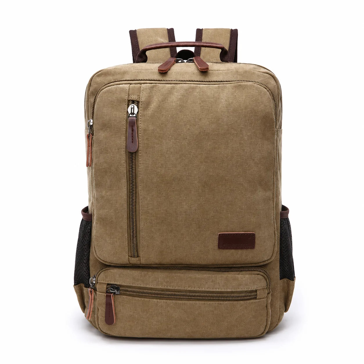Men’s Canvas Backpack - Front Organizer Pocket Rucksack - khaki