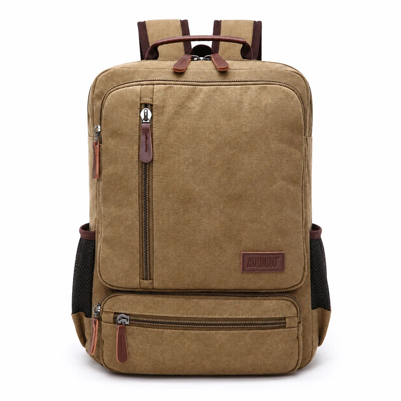 Men’s Canvas Backpack - Front Organizer Pocket Rucksack - Khaki
