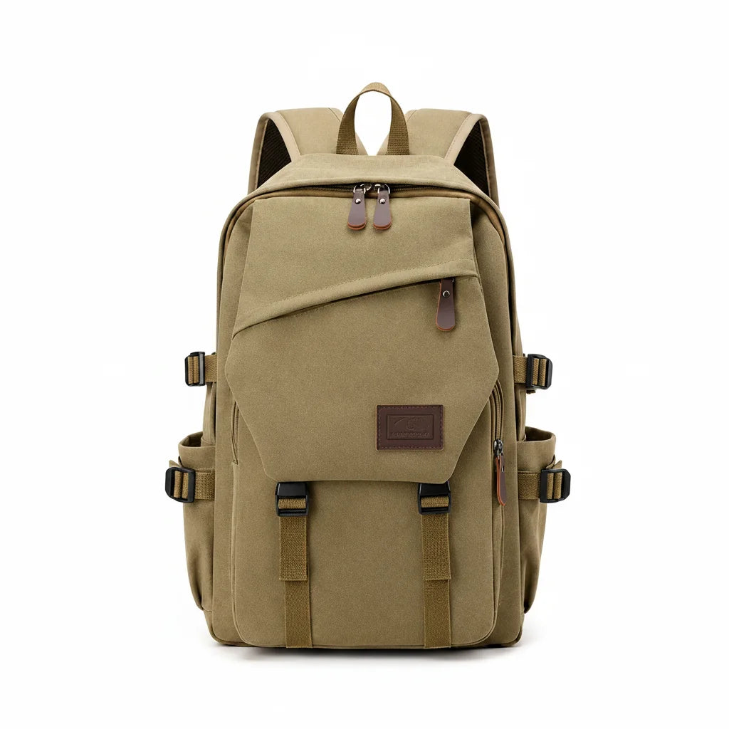 Men’s Canvas Backpack - Side Pocket 18L Daypack - Khaki