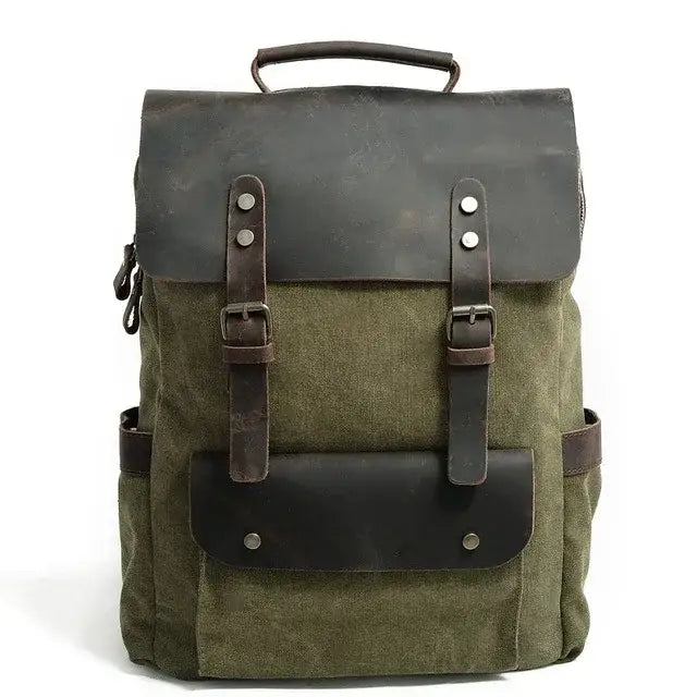 Men’s Canvas Backpack – Vintage Leather Flap Daypack - Army green