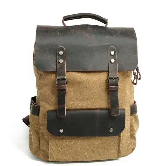 Men’s Canvas Backpack – Vintage Leather Flap Daypack - Khaki