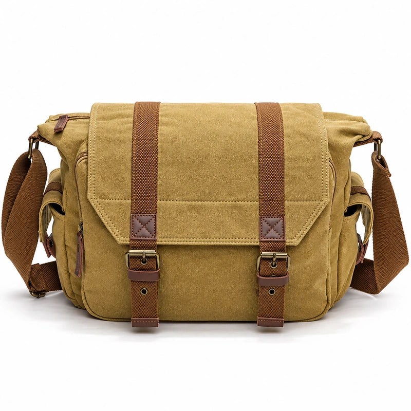 Men’s Canvas Camera Messenger Bag - Removable Insert - Khaki