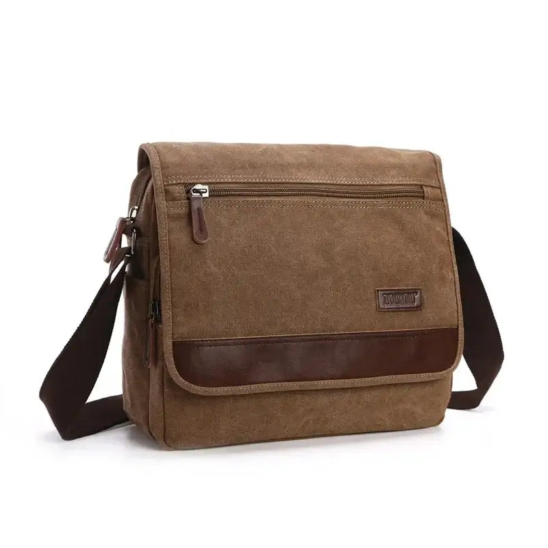 Men’s Canvas Crossbody Bag with Flap – Vintage Everyday Shoulder Bag - Marron / Grande