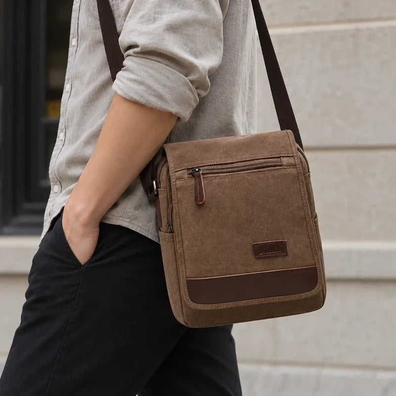 Men’s Canvas Crossbody Bag with Flap – Vintage Everyday Shoulder Bag