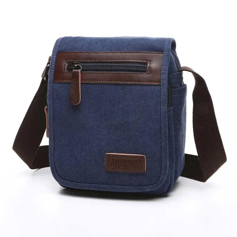 Men’s Canvas Crossbody Bag with Flap – Vintage Everyday Shoulder Bag - Bleu / Petite