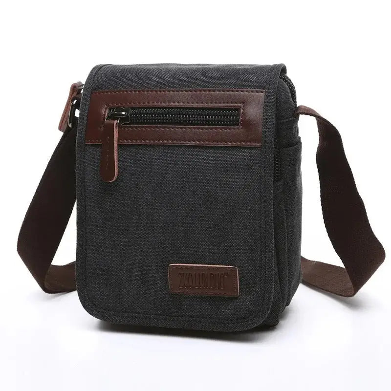 Men’s Canvas Crossbody Bag with Flap – Vintage Everyday Shoulder Bag - Noir / Petite