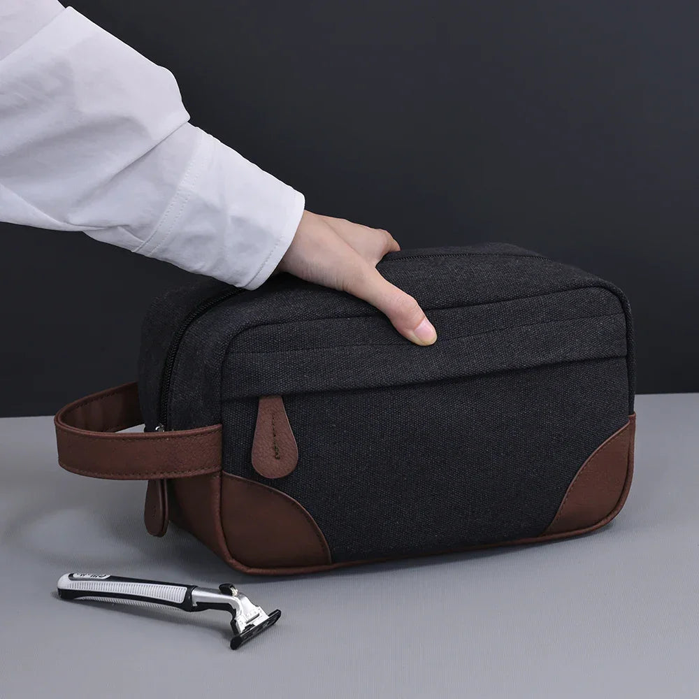Men’s Canvas Dopp Kit - Travel Toiletry Bag with Brown Trim