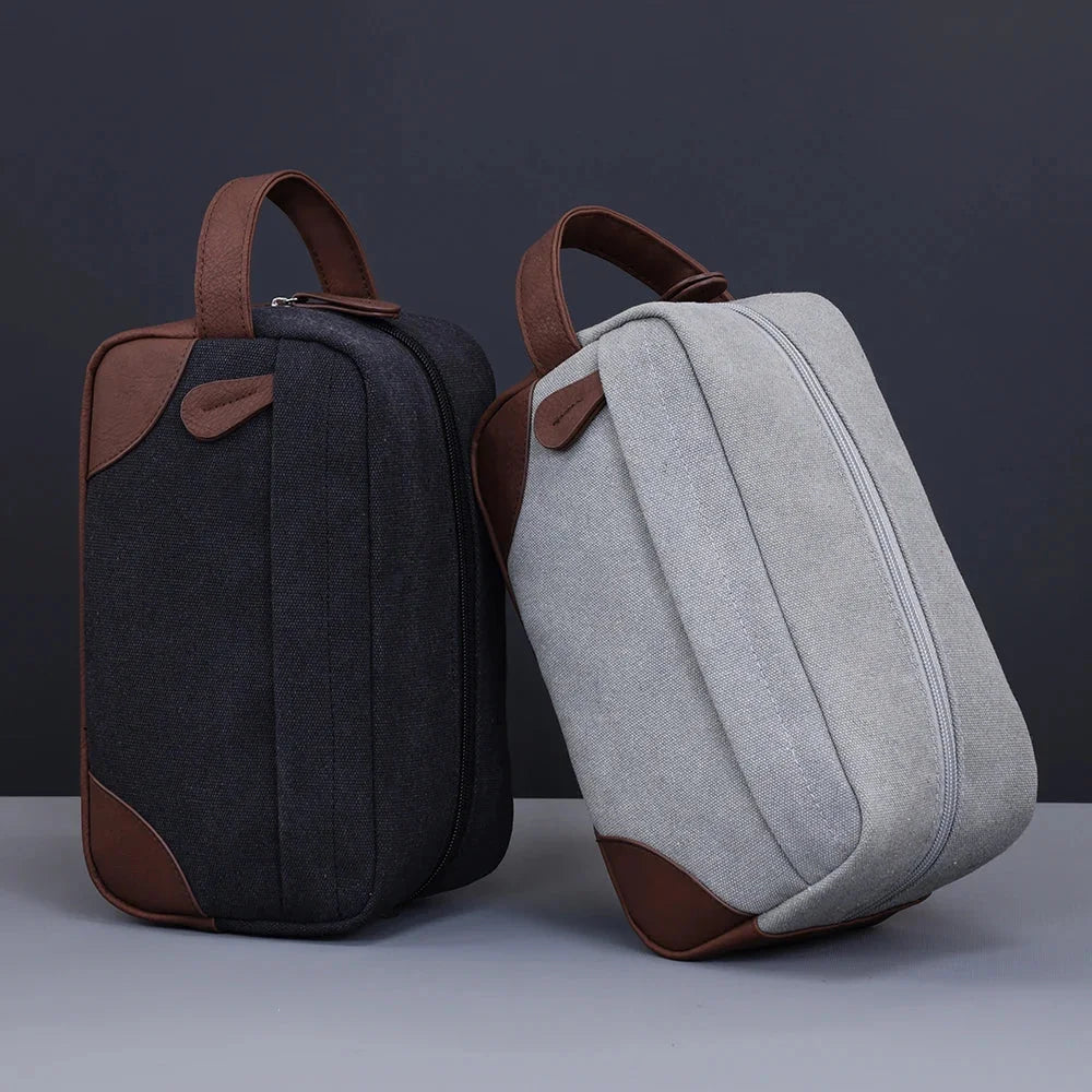 Men’s Canvas Dopp Kit - Travel Toiletry Bag with Brown Trim