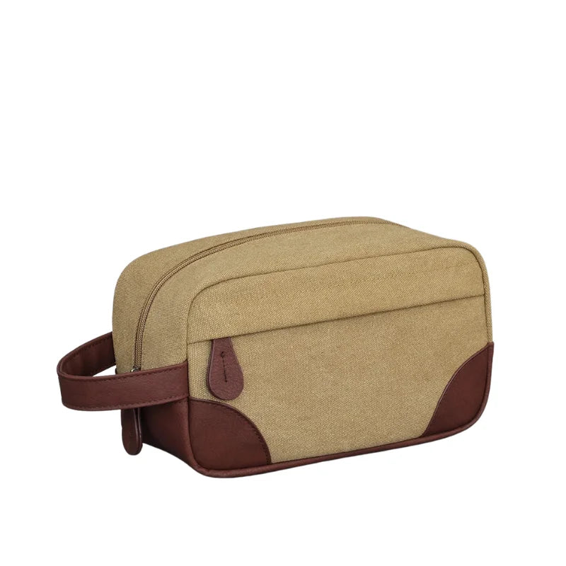Men’s Canvas Dopp Kit - Travel Toiletry Bag with Brown Trim - Beige