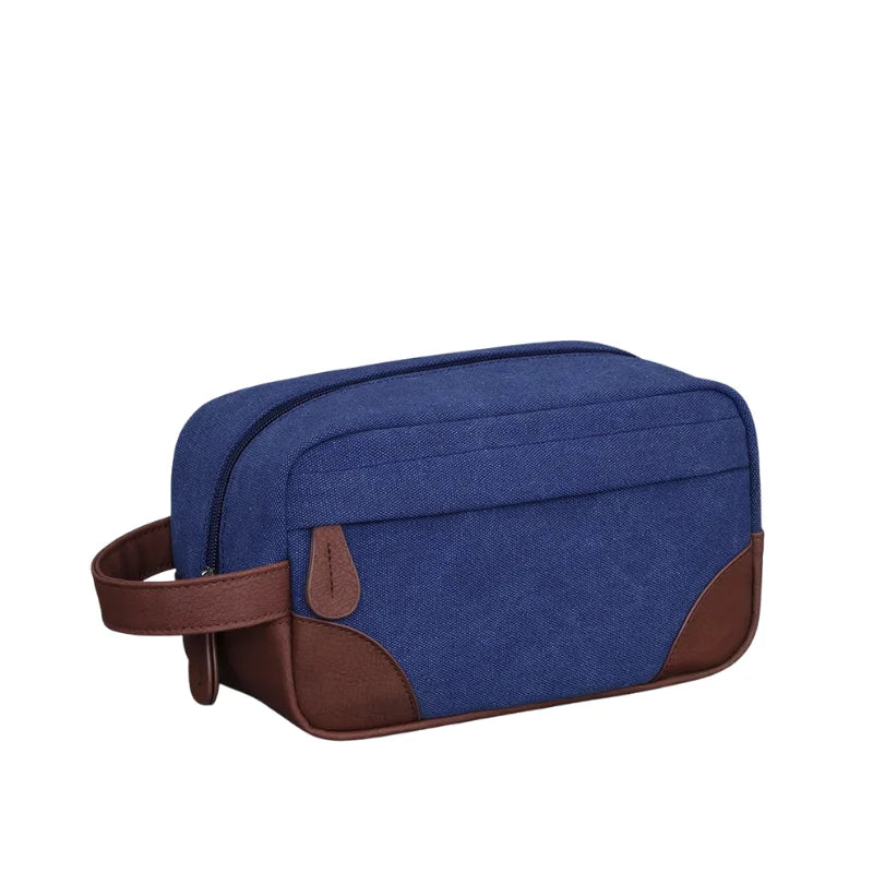 Men’s Canvas Dopp Kit - Travel Toiletry Bag with Brown Trim - Blue