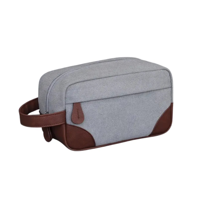 Men’s Canvas Dopp Kit - Travel Toiletry Bag with Brown Trim - Gray
