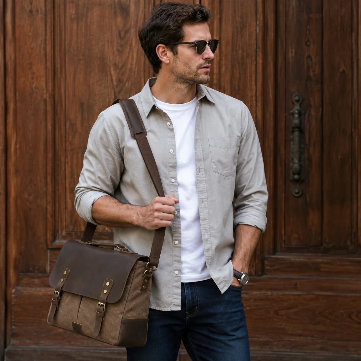 Men’s Canvas Leather Messenger Bag – Crazy Horse Business Bag