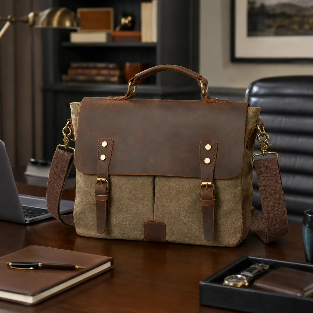 Men’s Canvas Leather Messenger Bag – Crazy Horse Business Bag