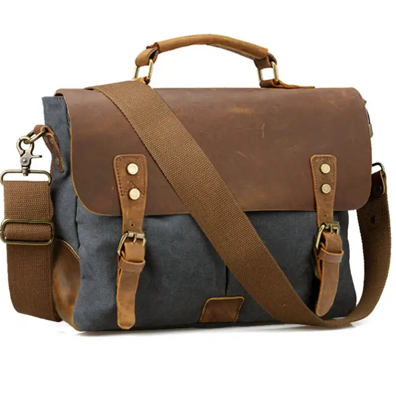 Men’s Canvas Leather Messenger Bag – Crazy Horse Business Bag - Dark gray