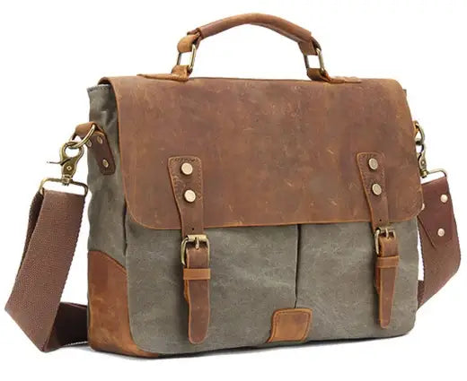Men’s Canvas Leather Messenger Bag – Crazy Horse Business Bag - Olive
