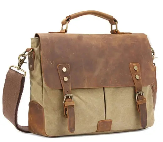 Men’s Canvas Leather Messenger Bag – Crazy Horse Business Bag - Tan