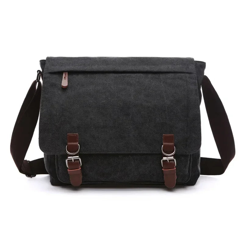 Men’s Canvas Messenger Bag – 15 Inch Laptop Work & Daily Carry Bag - Black