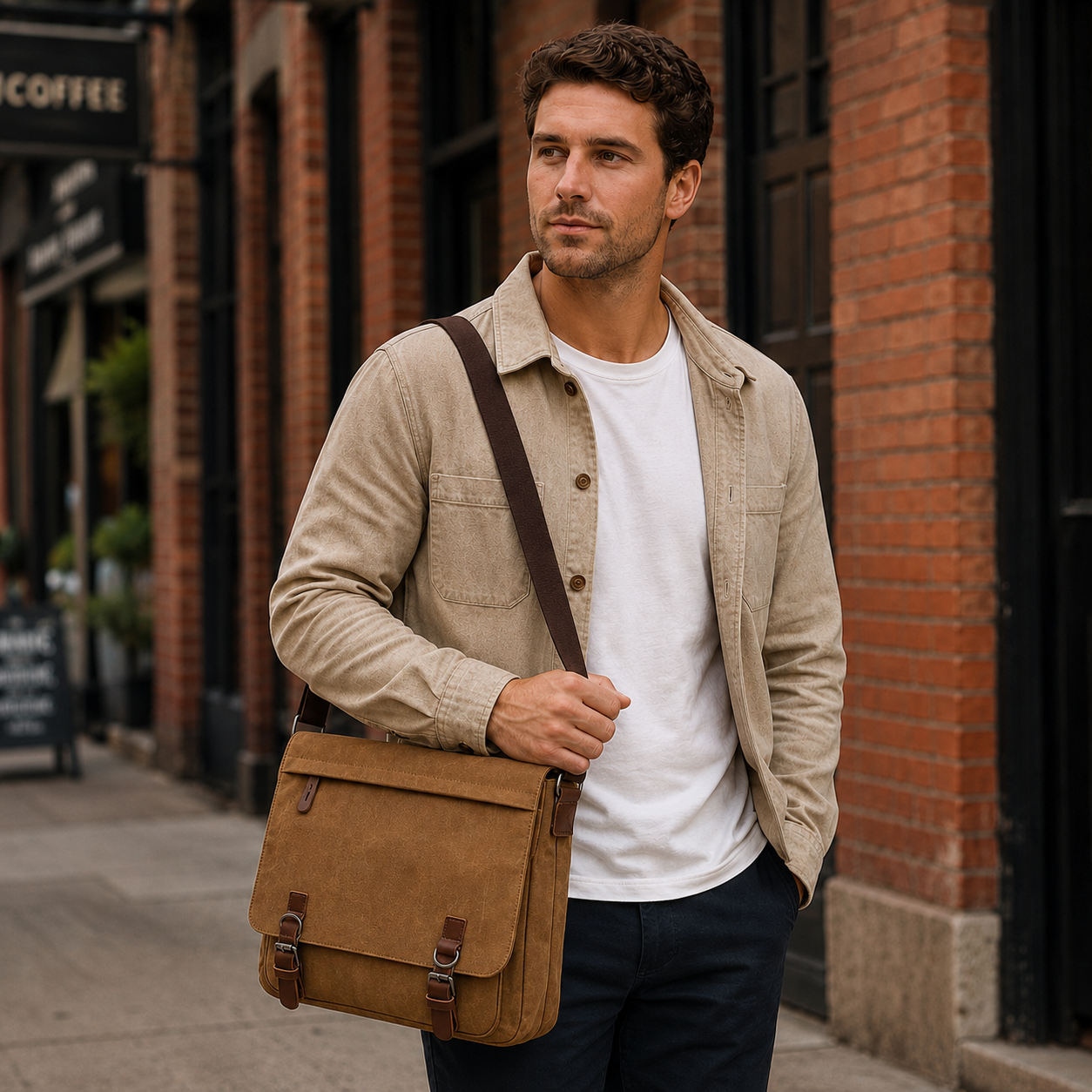 Man holding a brown leather bag on a city street
