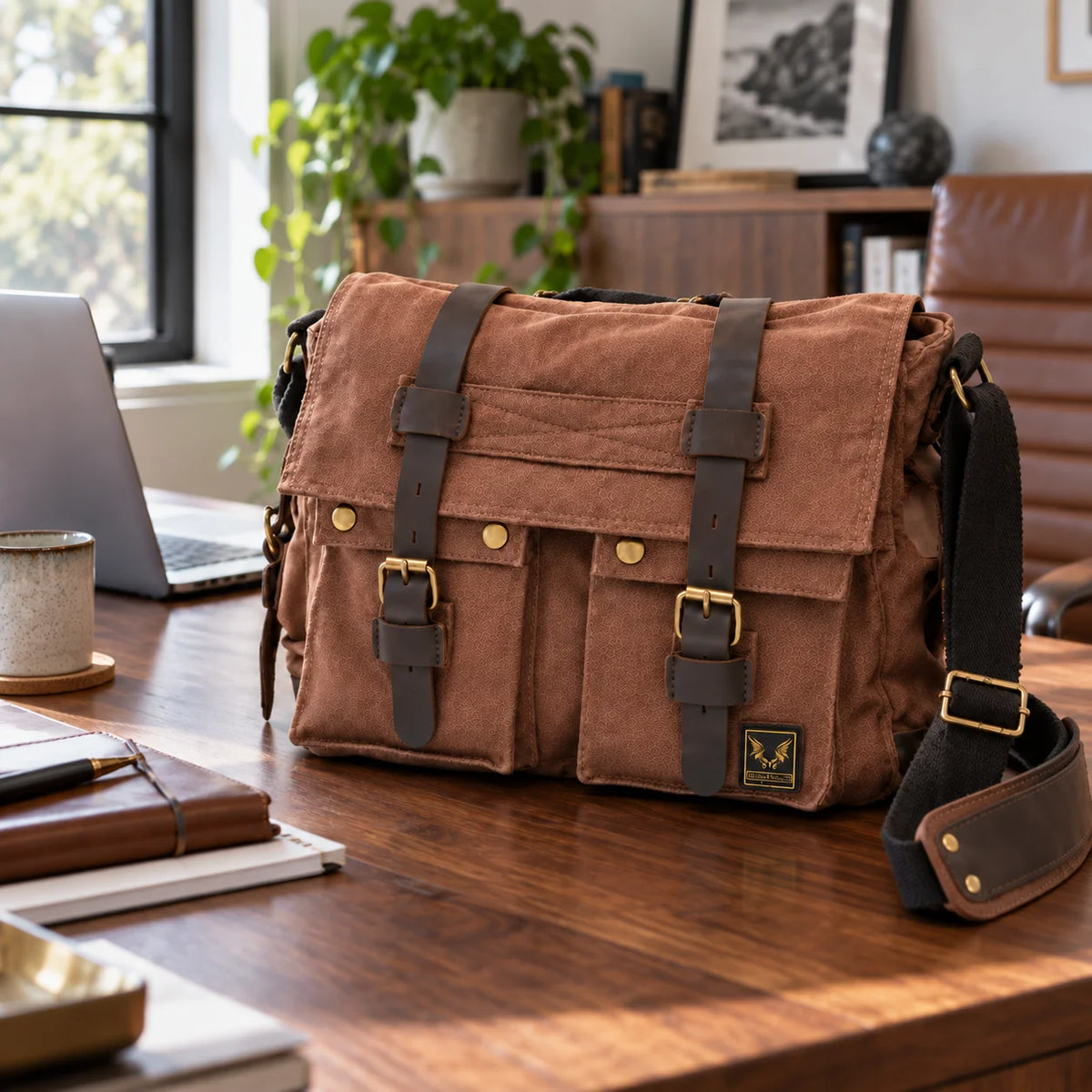 Men’s Canvas Messenger Bag - Crazy Horse Leather Trim