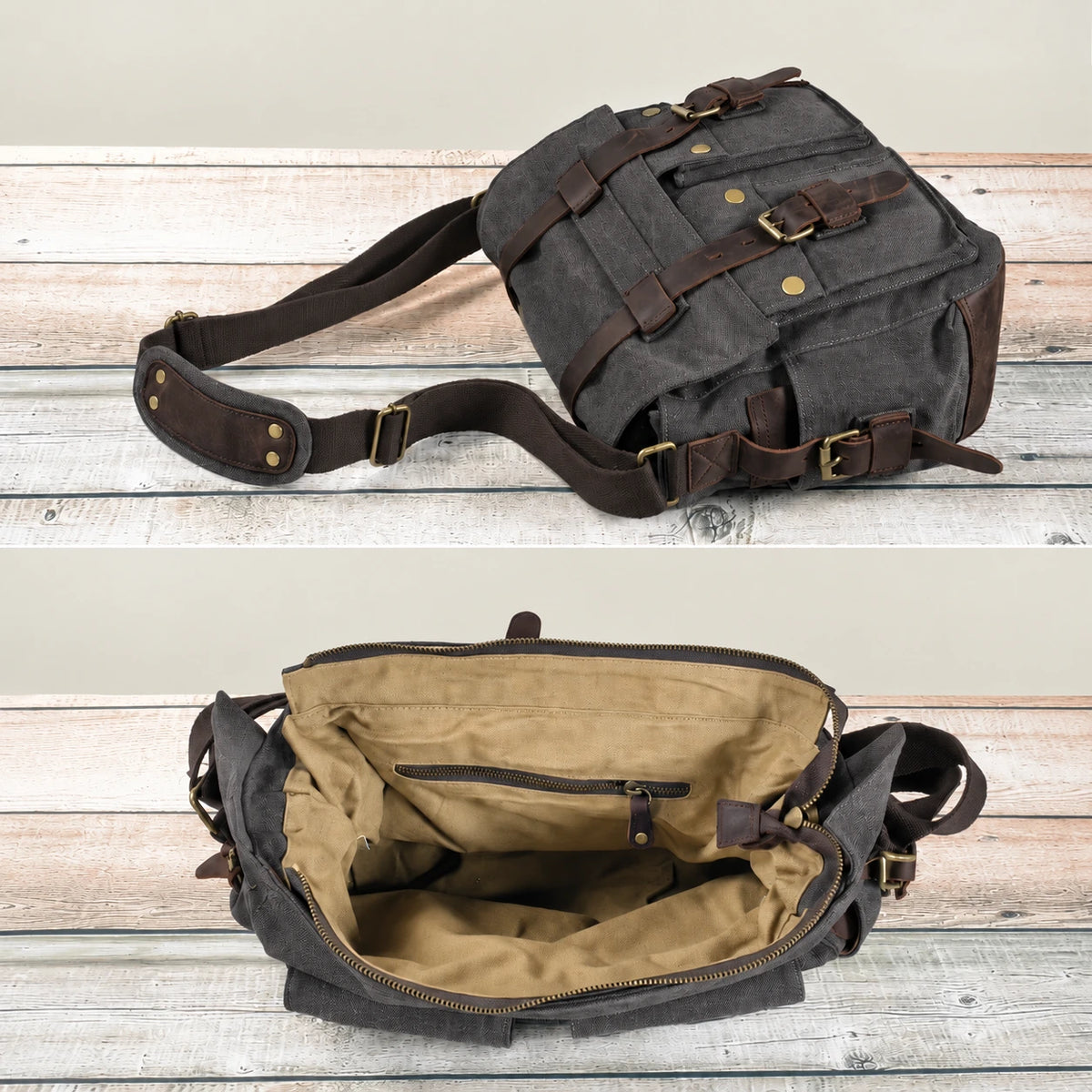 Men’s Canvas Messenger Bag - Crazy Horse Leather Trim