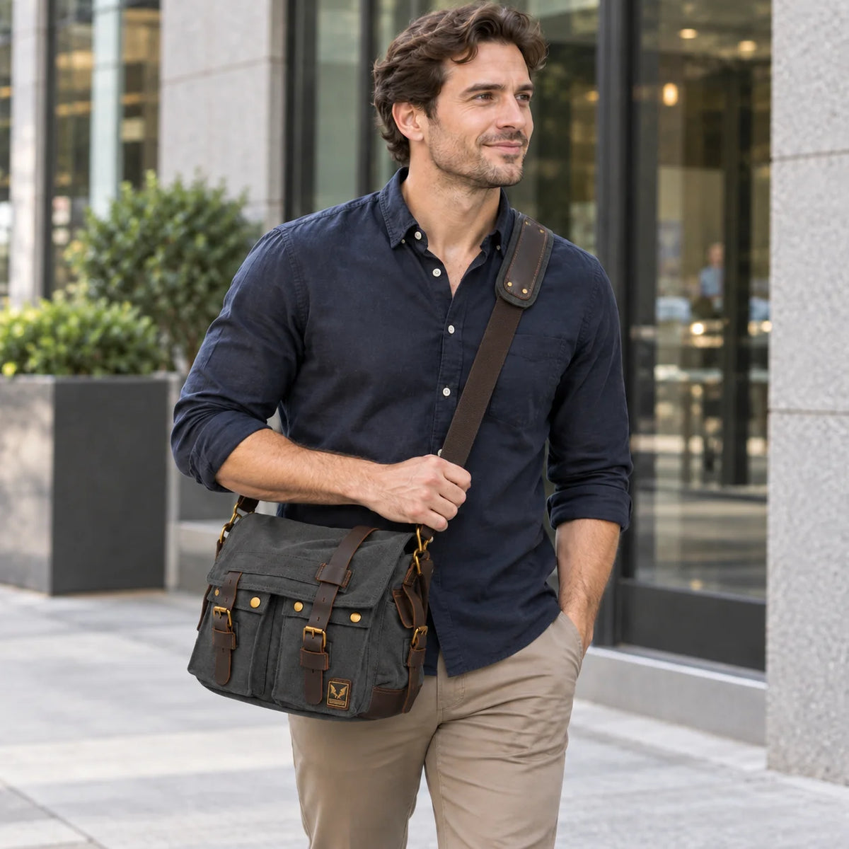 Men’s Canvas Messenger Bag - Crazy Horse Leather Trim