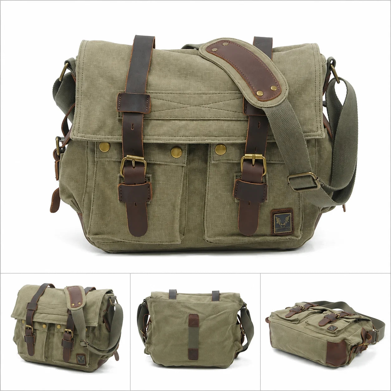 Men’s Canvas Messenger Bag - Crazy Horse Leather Trim