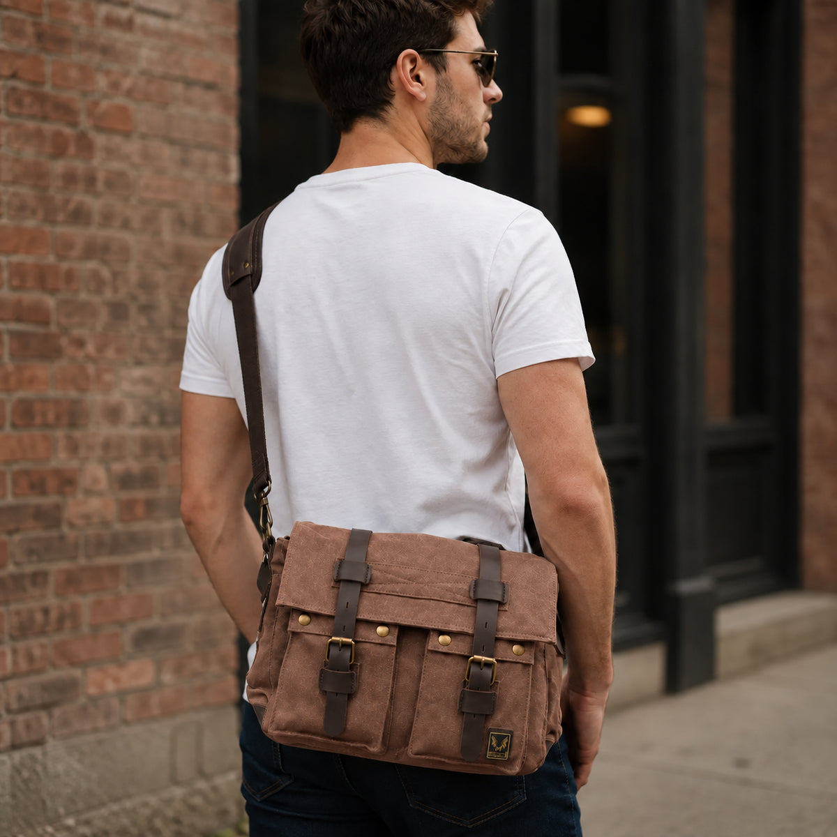 Men’s Canvas Messenger Bag - Crazy Horse Leather Trim
