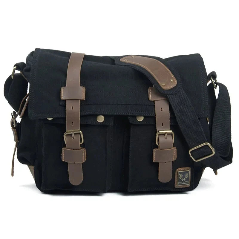 Men’s Canvas Messenger Bag - Crazy Horse Leather Trim - Black