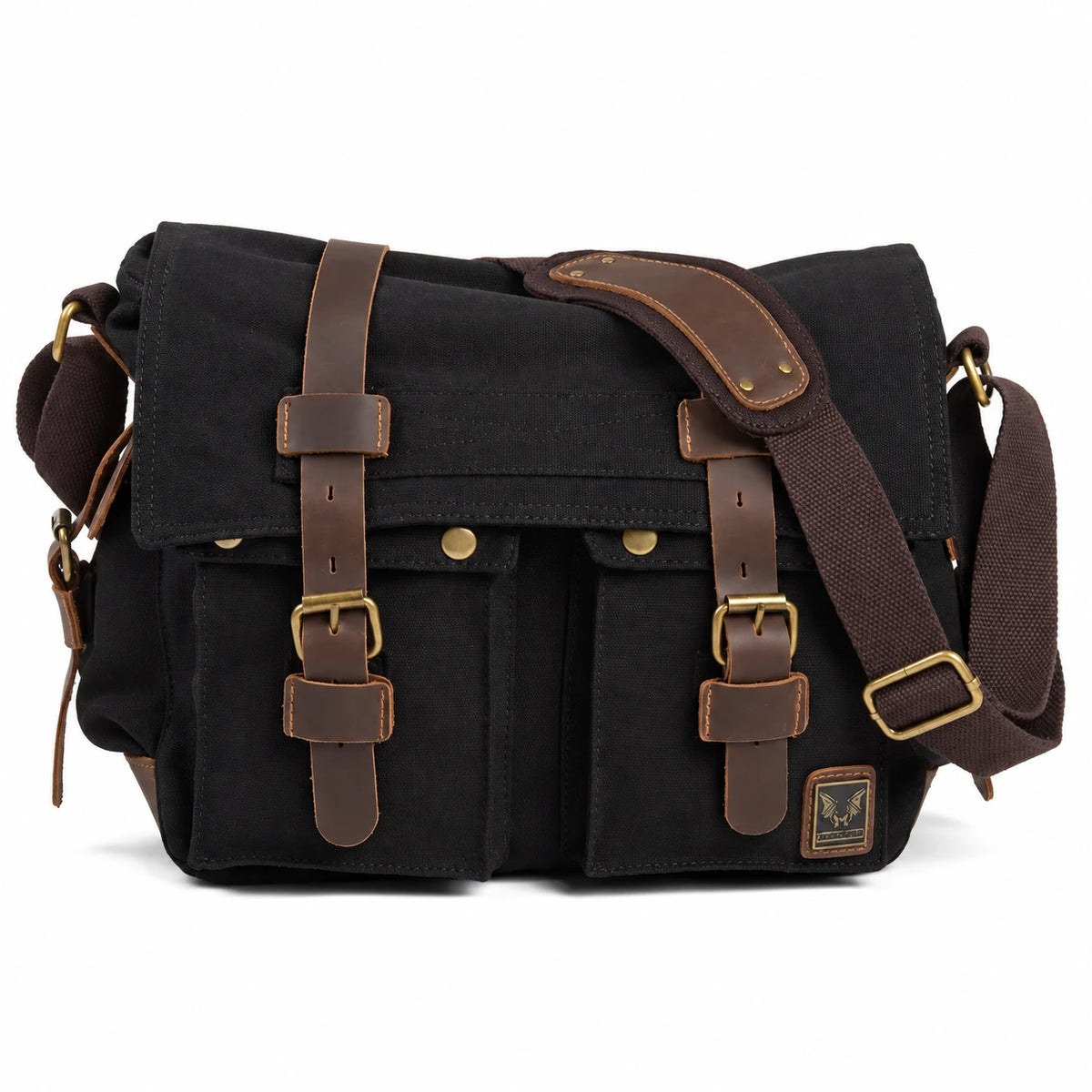 Men’s Canvas Messenger Bag - Crazy Horse Leather Trim - Black