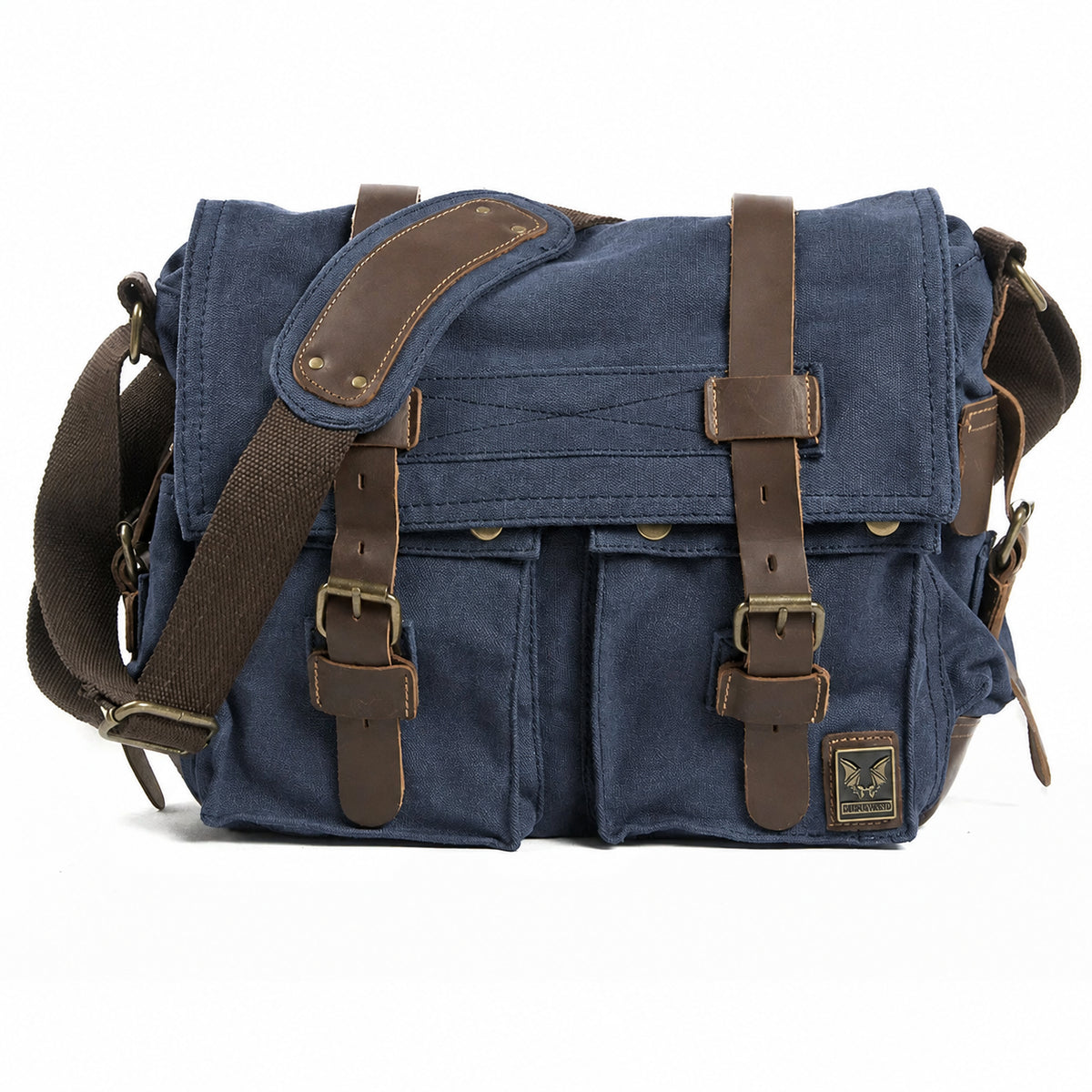 Men’s Canvas Messenger Bag - Crazy Horse Leather Trim - Blue