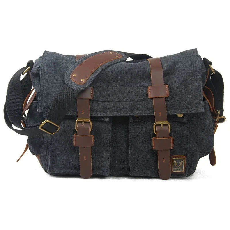 Men’s Canvas Messenger Bag - Crazy Horse Leather Trim - Gray