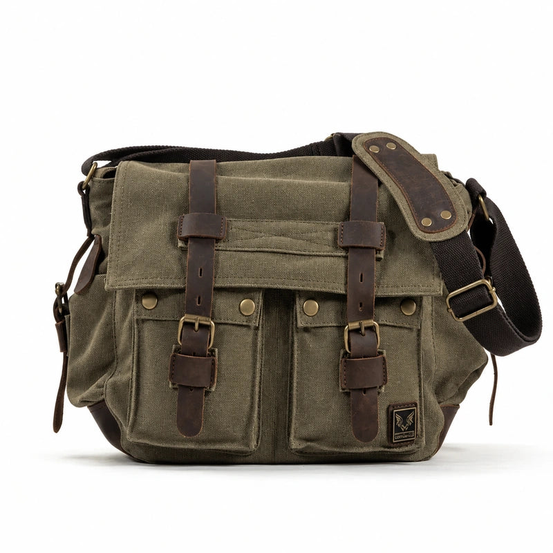 Men’s Canvas Messenger Bag - Crazy Horse Leather Trim - Olive