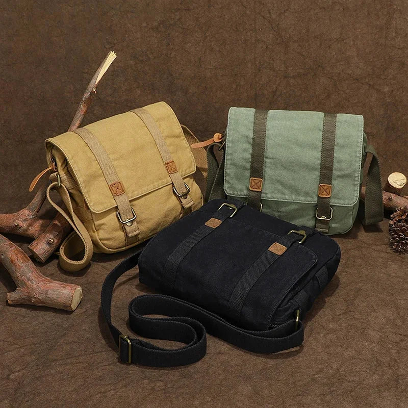 Men’s Canvas Messenger Bag - Double Buckle Flap Design
