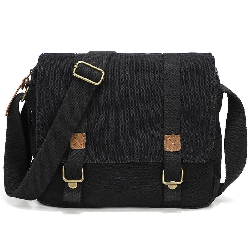 Men’s Canvas Messenger Bag - Double Buckle Flap Design - Black