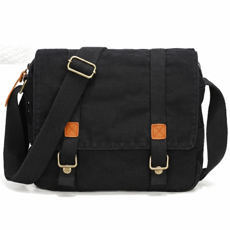 Men’s Canvas Messenger Bag - Double Buckle Flap Design - Black