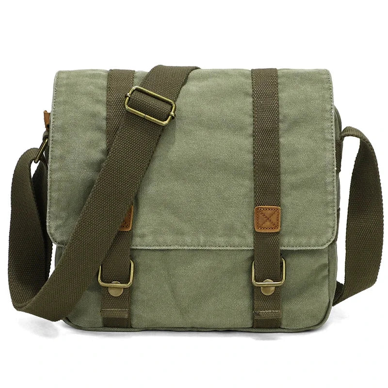 Men’s Canvas Messenger Bag - Double Buckle Flap Design - Green