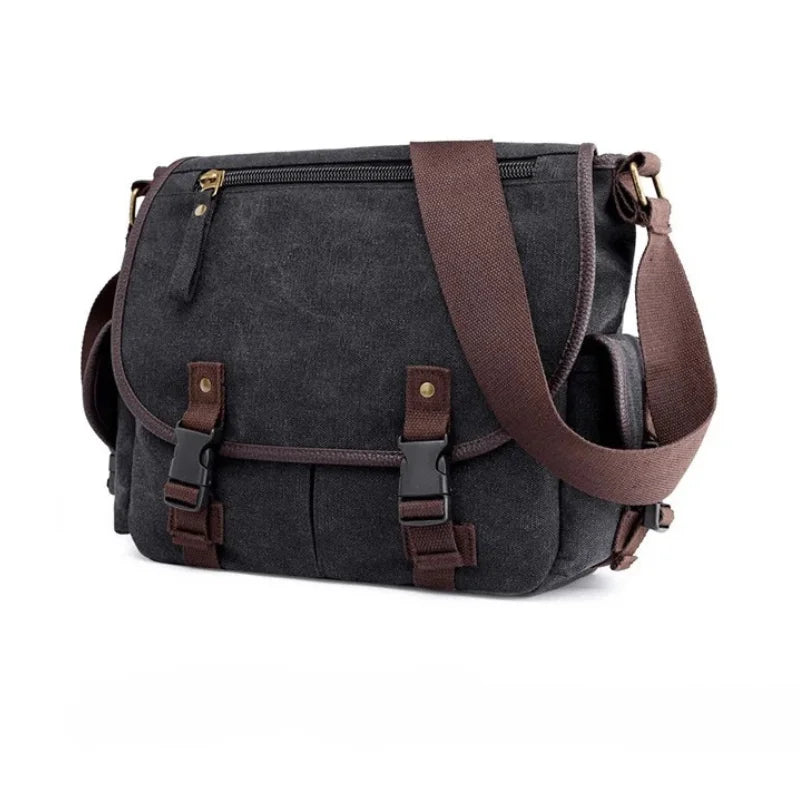 Men’s Canvas Messenger Bag - Dual Buckle Flap Crossbody Bag