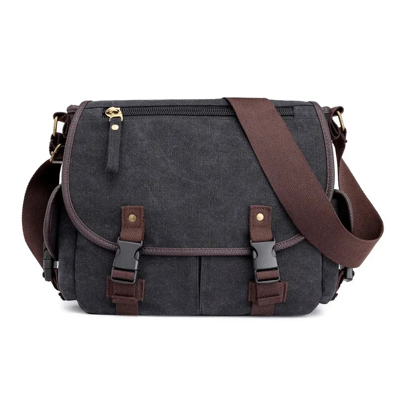 Men’s Canvas Messenger Bag - Dual Buckle Flap Crossbody Bag