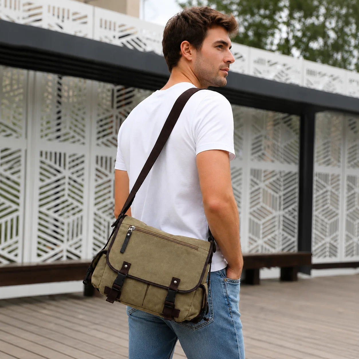 Men’s Canvas Messenger Bag - Dual Buckle Flap Crossbody Bag
