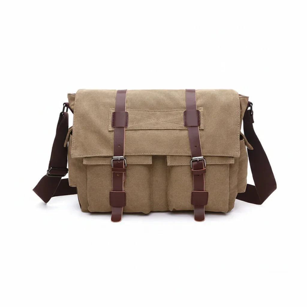 Men’s Canvas Messenger Bag - Dual Buckle Flap Work Bag