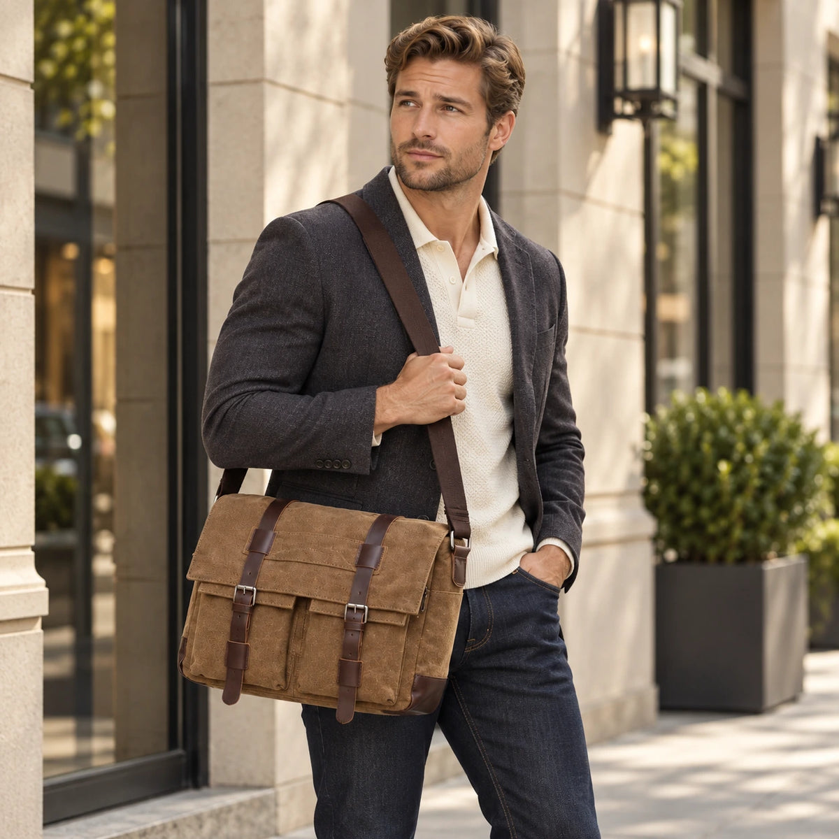 Men’s Canvas Messenger Bag - Dual Buckle Flap Work Bag