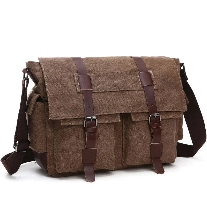 Men’s Canvas Messenger Bag - Dual Buckle Flap Work Bag