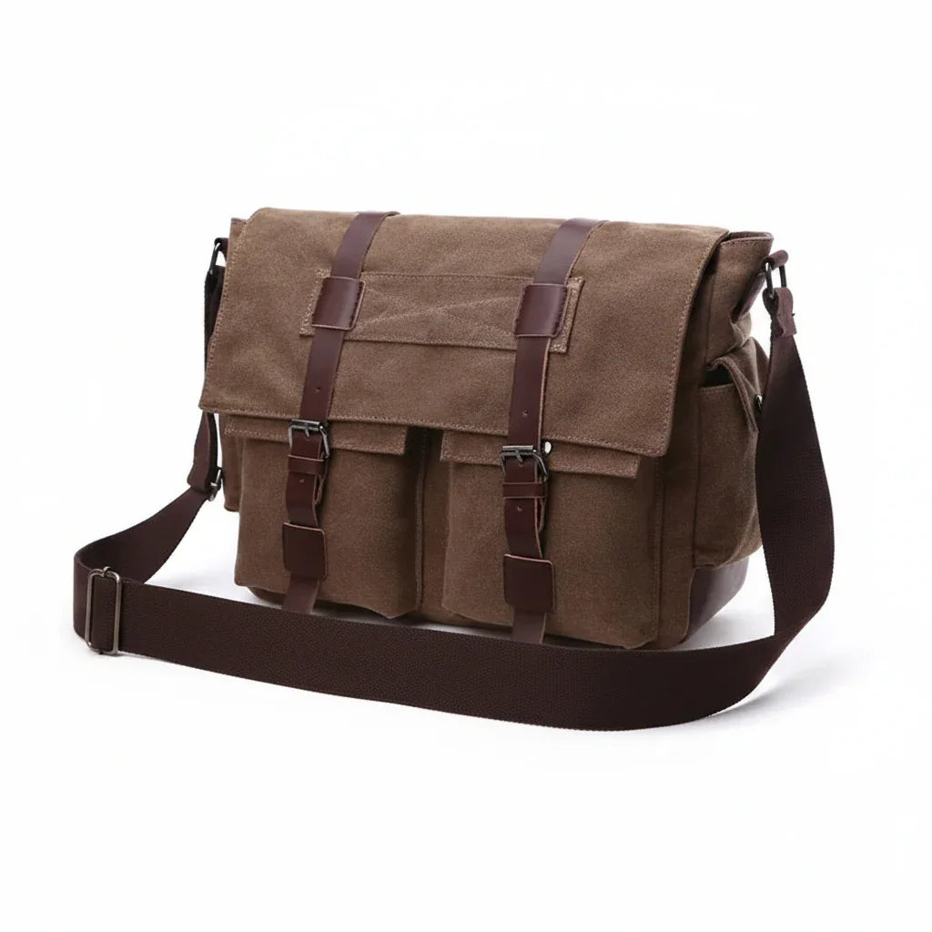 Men’s Canvas Messenger Bag - Dual Buckle Flap Work Bag