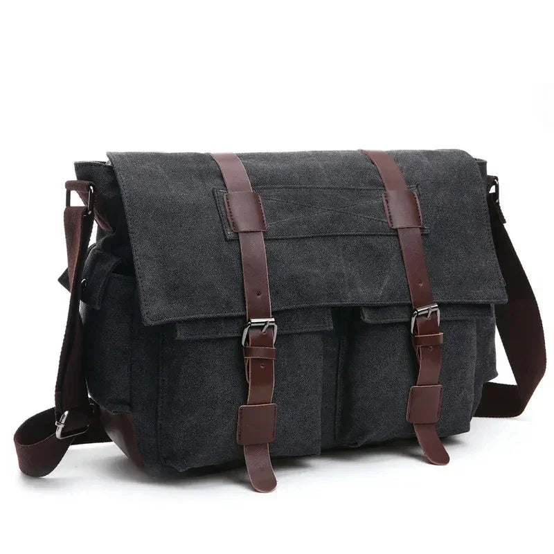 Men’s Canvas Messenger Bag - Dual Buckle Flap Work Bag - Black